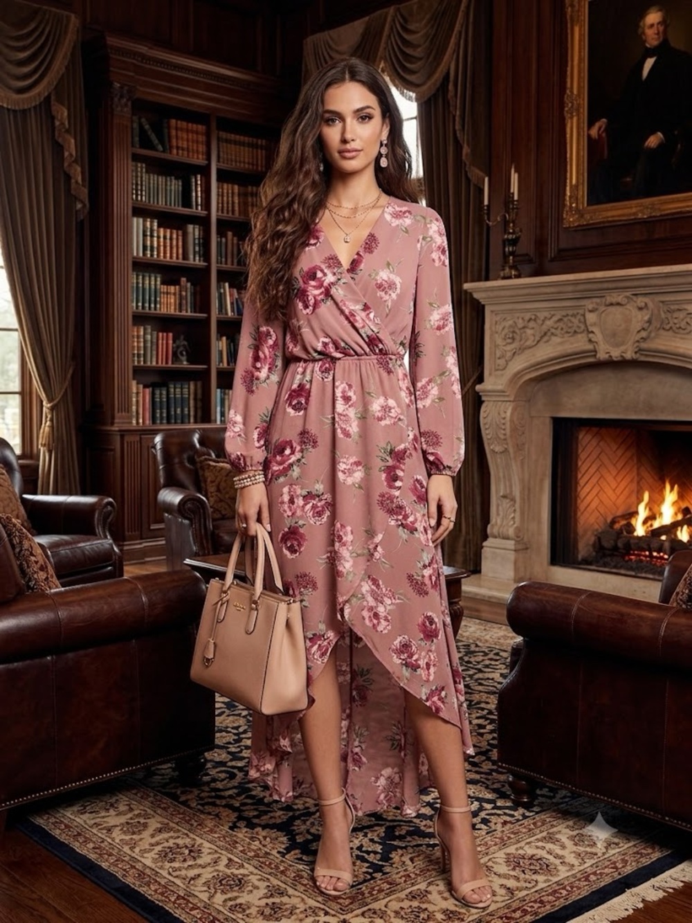 Lily Rose Dusty Rose Floral Wrap High-Low Dress